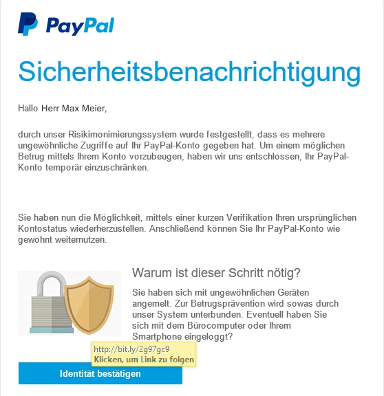 Beispiel einer Phishing E-Mail