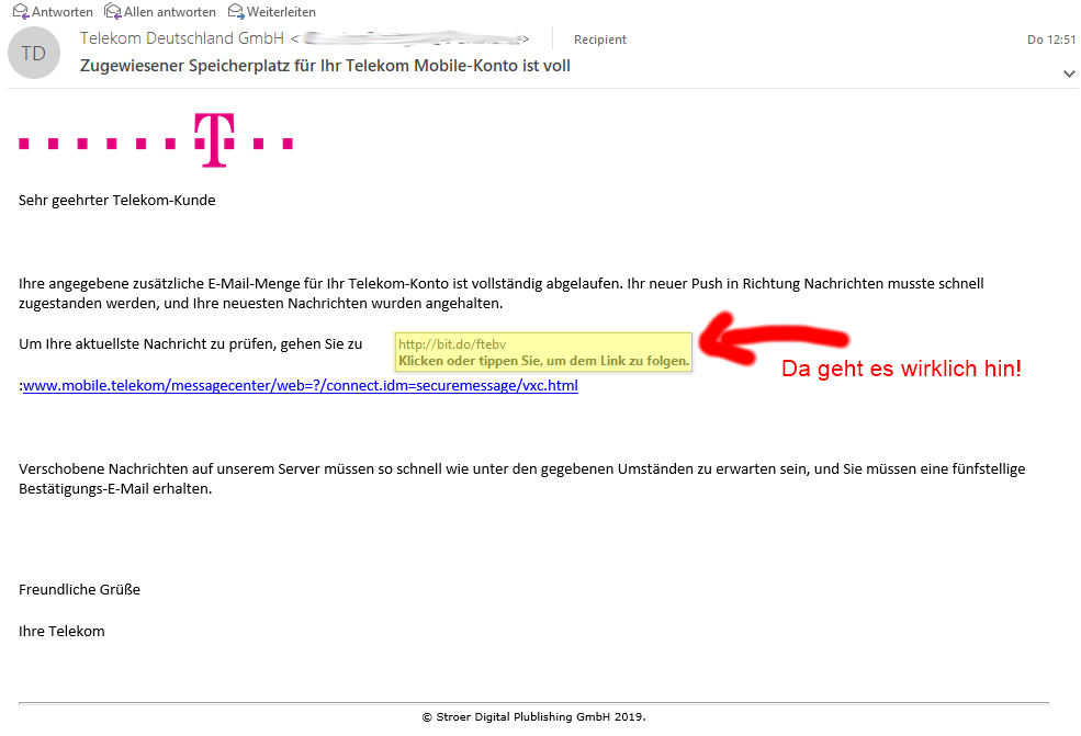 Phishing Mail angeblich von Telekom