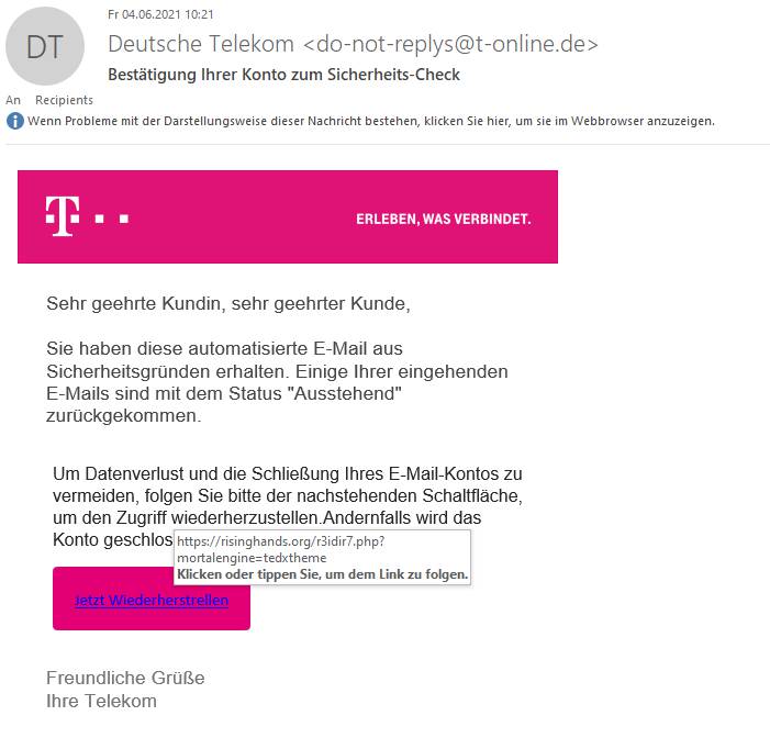 Telekom Betrugs Mail 2021-01